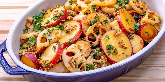 Sweet potato and lotus root saute with mustard