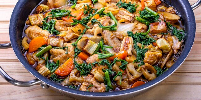 Autumn vegetables and chicken sukiyaki