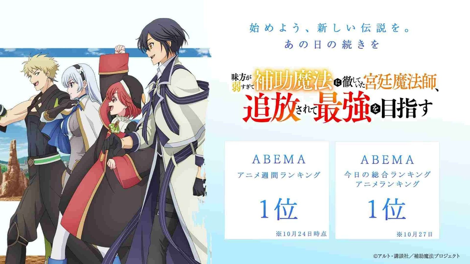 The TV anime “The Royal Court Magician Who Limited His Allies to Support Magic, But Was Banished and Aims to Become the Strongest,” which airs every Saturday at 11:30 PM, has been ranked #1 on ABEMA’s “Today’s Overall & Anime Rankings” and “Weekly An