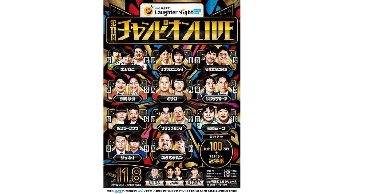 TBS Radio, Inc. All participants for “Mynavi Laughter Night 11th Champion LIVE” have been decided! The last slot goes to Stamina Pan!